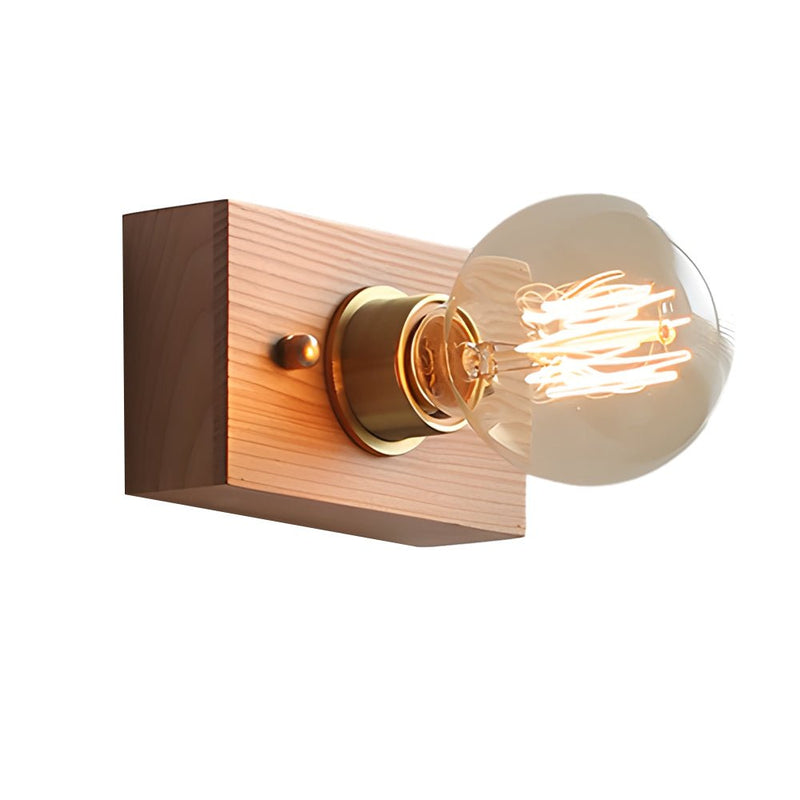 Vintage Walnut Wood Wall Lamp - Round/Square Design, 1-Light with Pull Chain Switch - Rustic Home Lighting