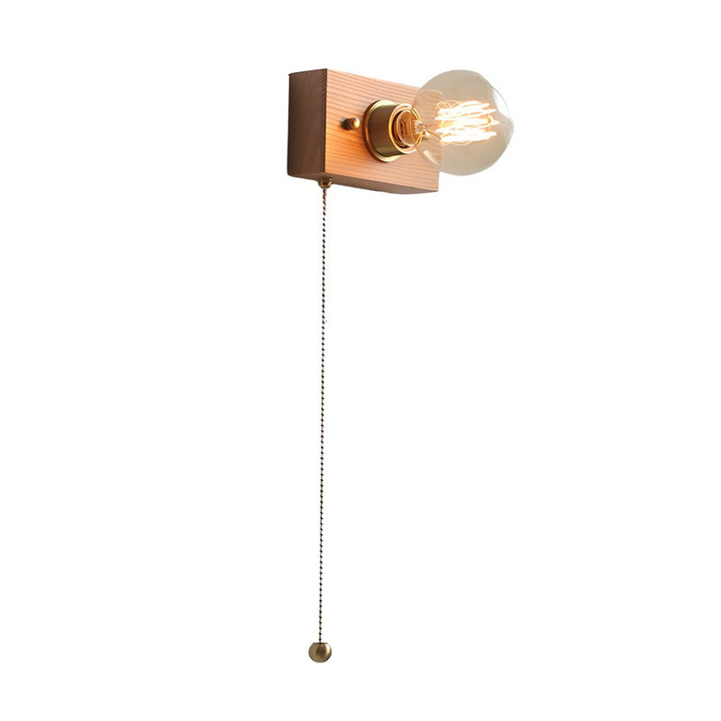 Vintage Walnut Wood Wall Lamp - Round/Square Design, 1-Light with Pull Chain Switch - Rustic Home Lighting