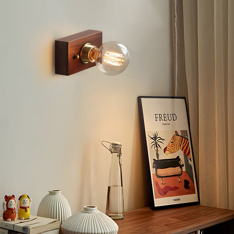 Vintage Walnut Wood Wall Lamp - Round/Square Design, 1-Light with Pull Chain Switch - Rustic Home Lighting