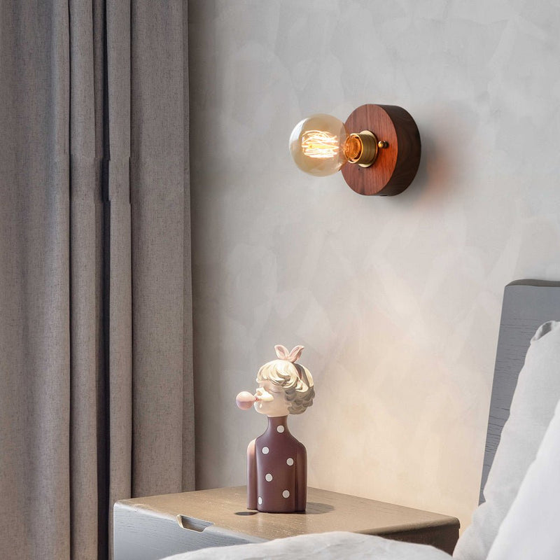 Vintage Walnut Wood Wall Lamp - Round/Square Design, 1-Light with Pull Chain Switch - Rustic Home Lighting
