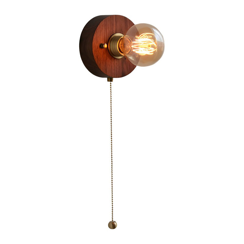 Vintage Walnut Wood Wall Lamp - Round/Square Design, 1-Light with Pull Chain Switch - Rustic Home Lighting