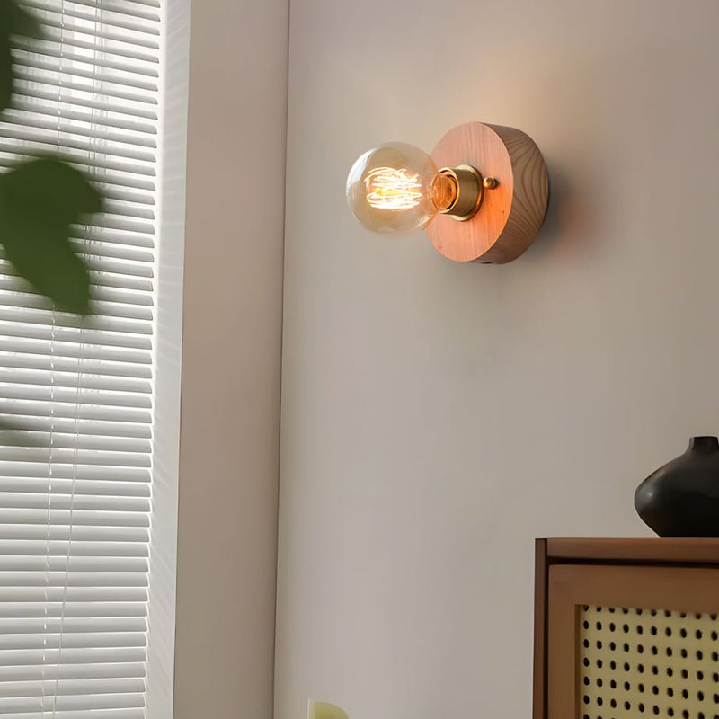 Vintage Walnut Wood Wall Lamp - Round/Square Design, 1-Light with Pull Chain Switch - Rustic Home Lighting