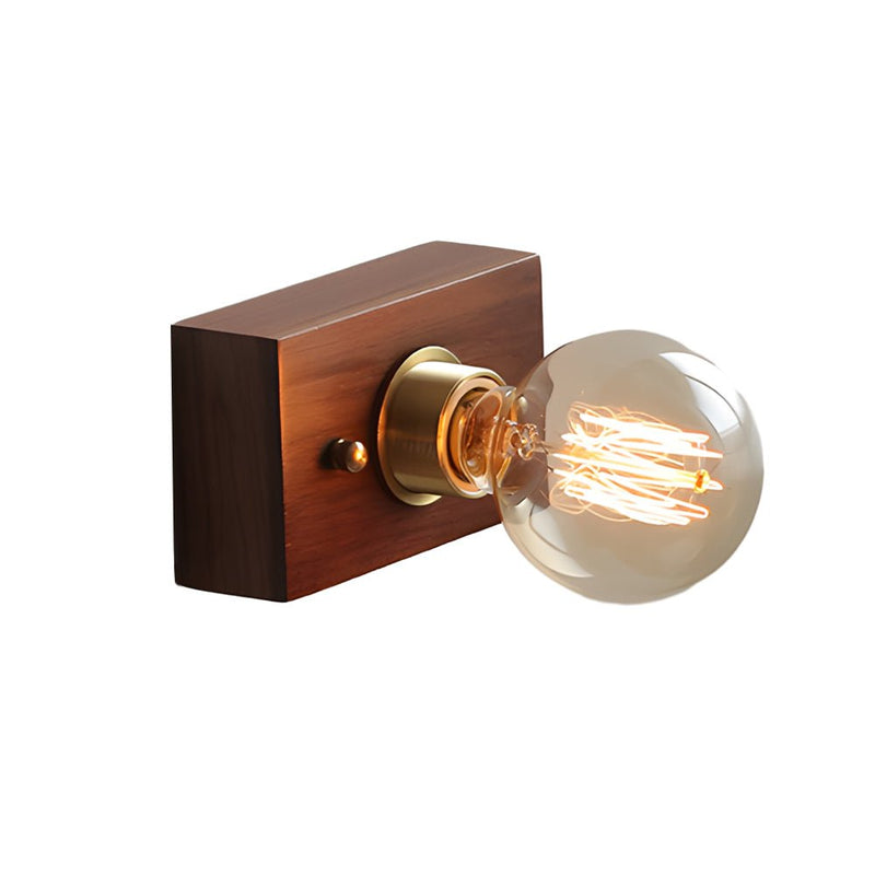 Vintage Walnut Wood Wall Lamp - Round/Square Design, 1-Light with Pull Chain Switch - Rustic Home Lighting