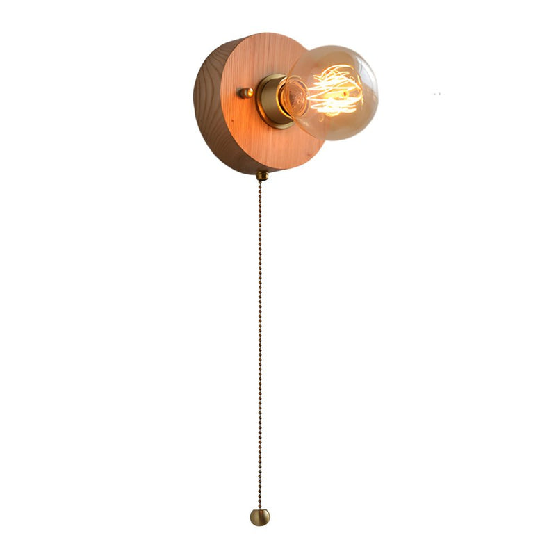 Vintage Walnut Wood Wall Lamp - Round/Square Design, 1-Light with Pull Chain Switch - Rustic Home Lighting