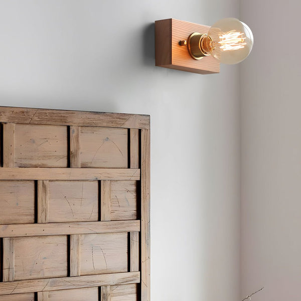 Vintage Walnut Wood Wall Lamp - Round/Square Design, 1-Light with Pull Chain Switch - Rustic Home Lighting