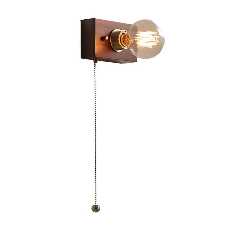 Vintage Walnut Wood Wall Lamp - Round/Square Design, 1-Light with Pull Chain Switch - Rustic Home Lighting