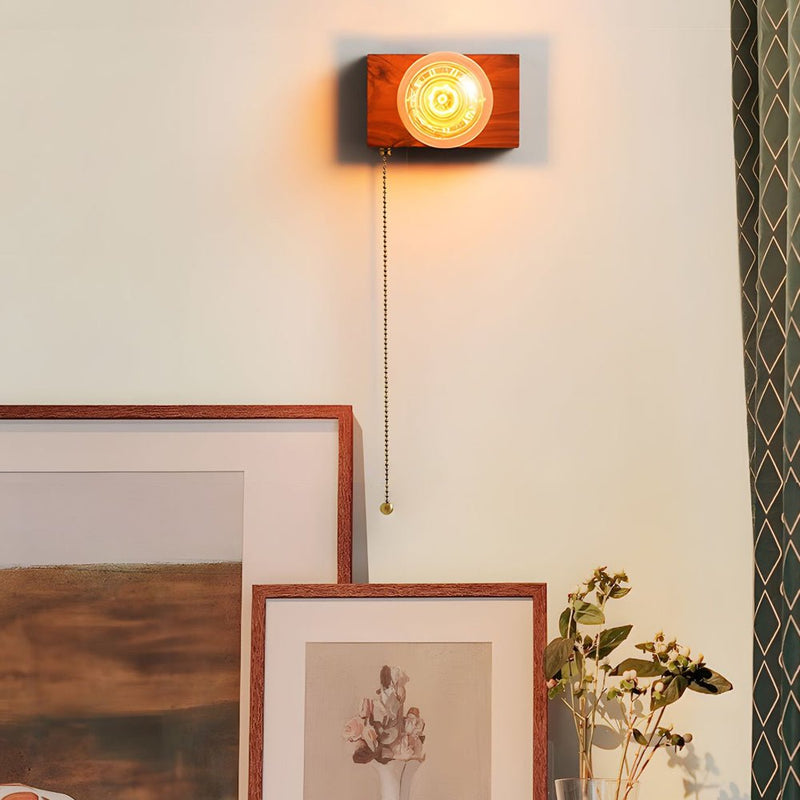 Vintage Walnut Wood Wall Lamp - Round/Square Design, 1-Light with Pull Chain Switch - Rustic Home Lighting