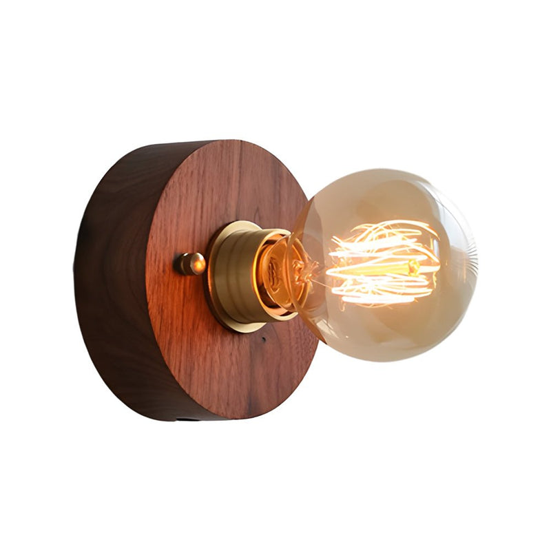 Vintage Walnut Wood Wall Lamp - Round/Square Design, 1-Light with Pull Chain Switch - Rustic Home Lighting