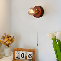 Vintage Walnut Wood Wall Lamp - Round/Square Design, 1-Light with Pull Chain Switch - Rustic Home Lighting