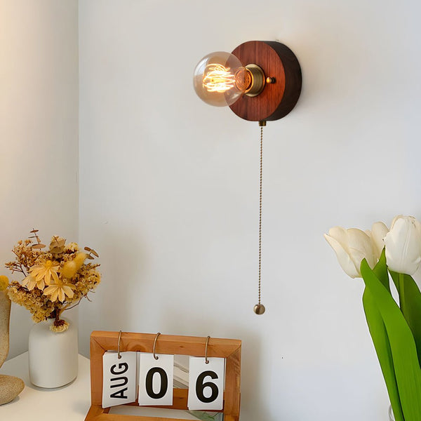 Vintage Walnut Wood Wall Lamp - Round/Square Design, 1-Light with Pull Chain Switch - Rustic Home Lighting