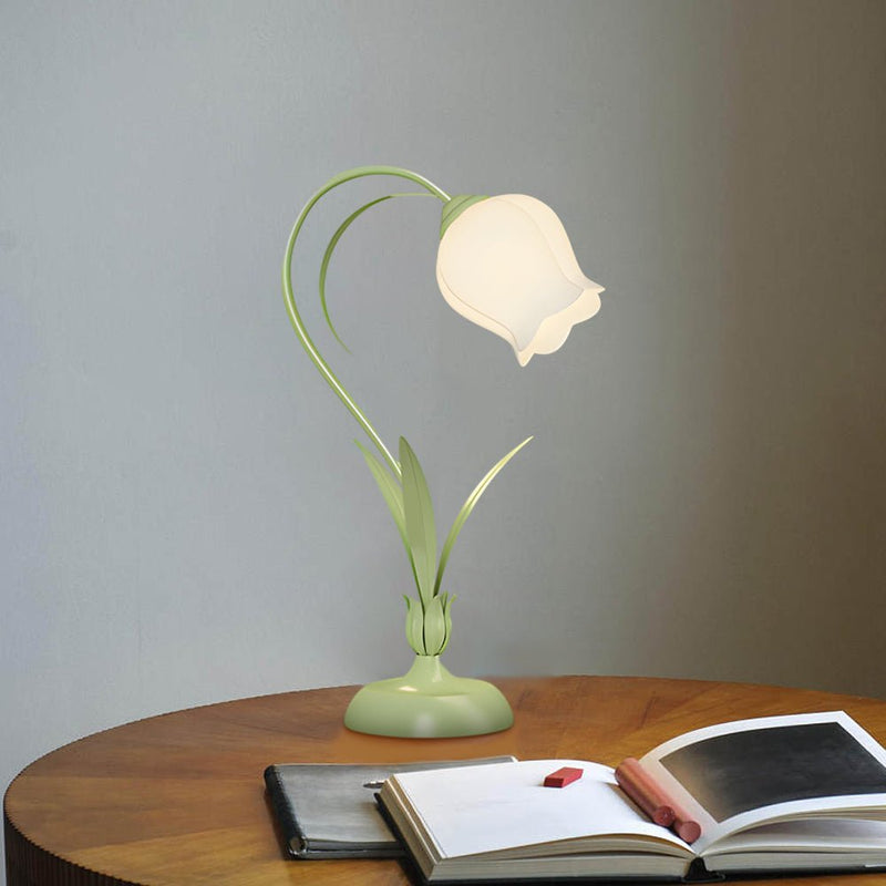 Rustic Green Desk Lamp with Elegant White Floral Shade & 3-Step Dimming - Perfect for Home Office Decor