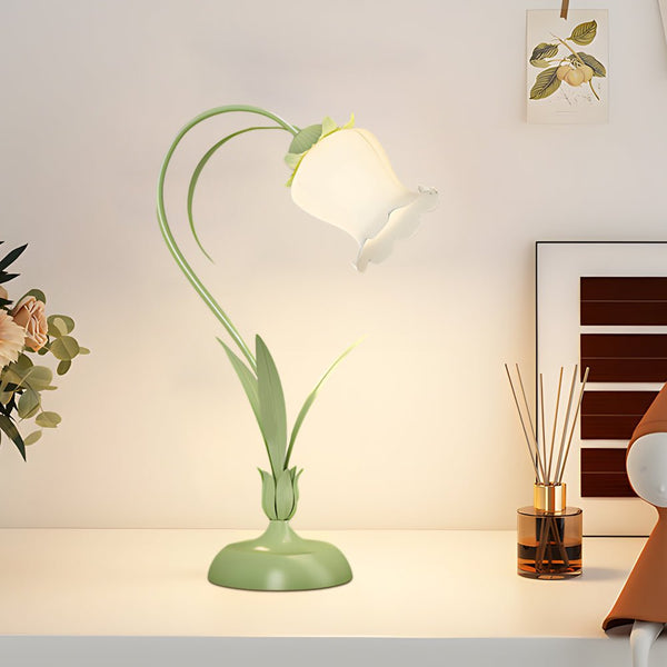 Rustic Green Desk Lamp with Elegant White Floral Shade & 3-Step Dimming - Perfect for Home Office Decor