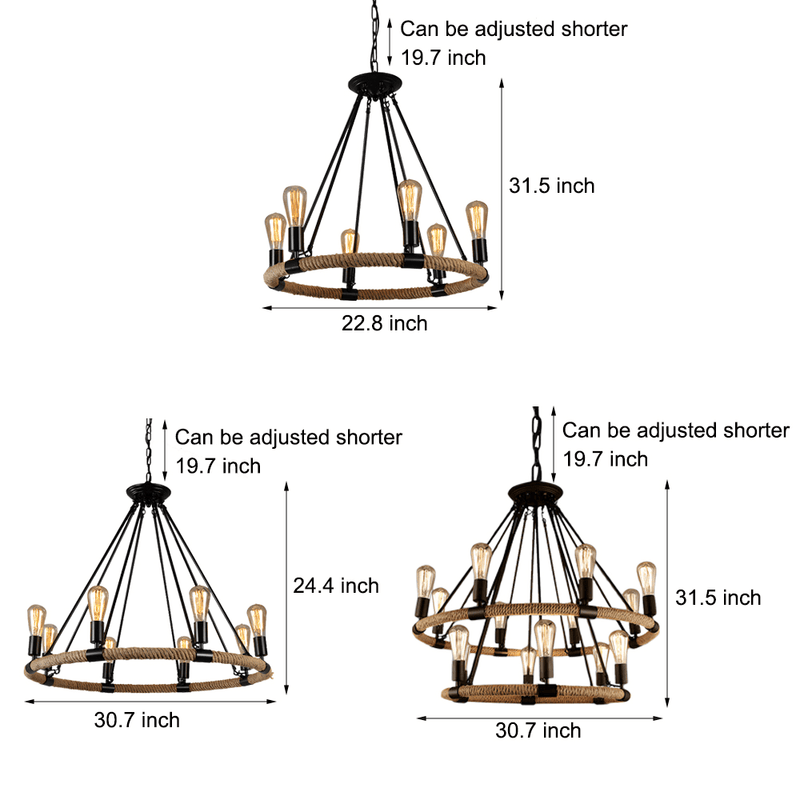 Rustic Industrial Hemp Rope Chandelier with Sturdy Iron Frame - Vintage Farmhouse Lighting Fixture