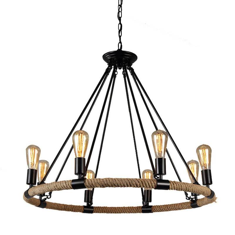 Rustic Industrial Hemp Rope Chandelier with Sturdy Iron Frame - Vintage Farmhouse Lighting Fixture