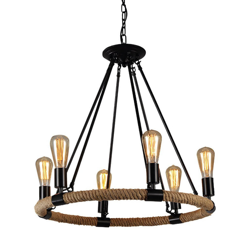 Rustic Industrial Hemp Rope Chandelier with Sturdy Iron Frame - Vintage Farmhouse Lighting Fixture
