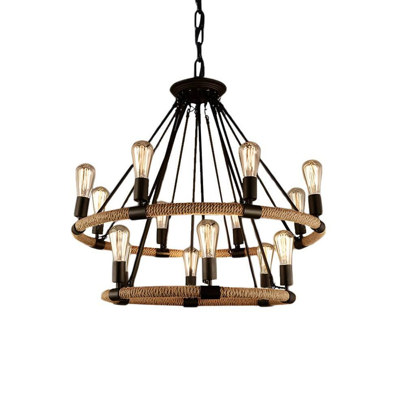 Rustic Industrial Hemp Rope Chandelier with Sturdy Iron Frame - Vintage Farmhouse Lighting Fixture