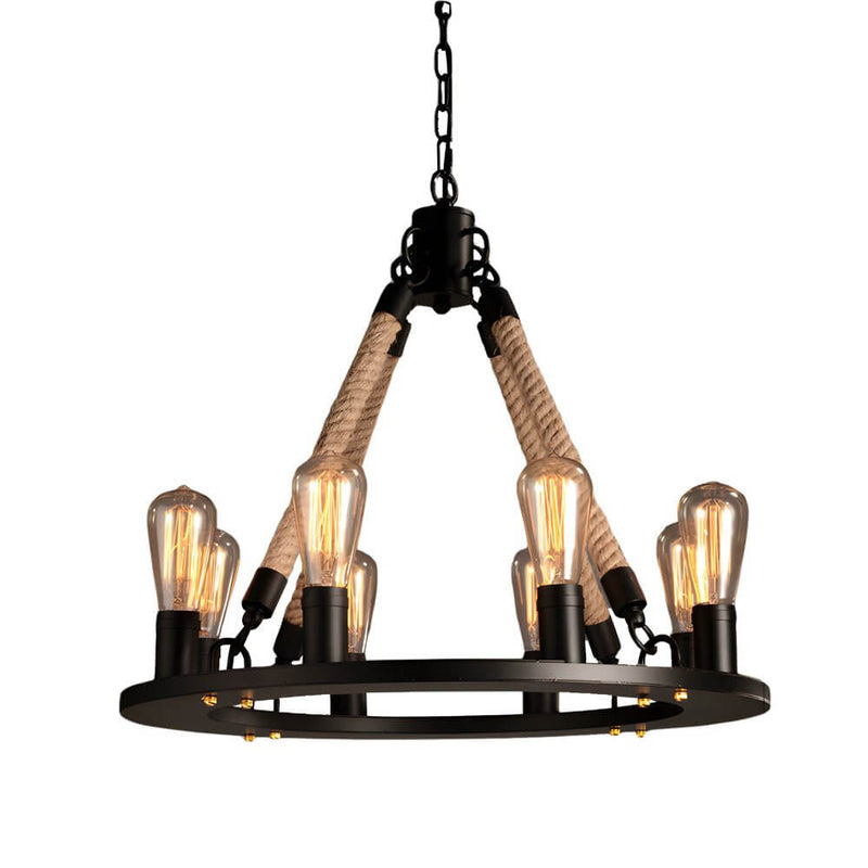 Rustic Industrial Hemp Rope Chandelier with Sturdy Iron Frame - Vintage Farmhouse Lighting Fixture