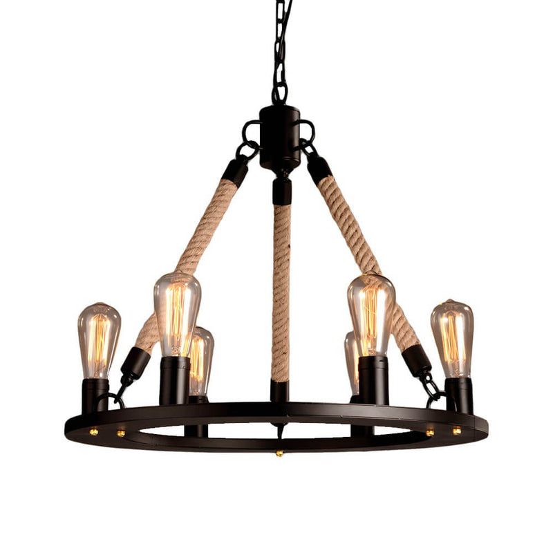 Rustic Industrial Hemp Rope Chandelier with Sturdy Iron Frame - Vintage Farmhouse Lighting Fixture