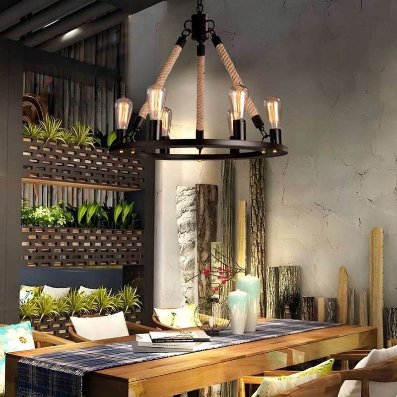 Rustic Industrial Hemp Rope Chandelier with Sturdy Iron Frame - Vintage Farmhouse Lighting Fixture