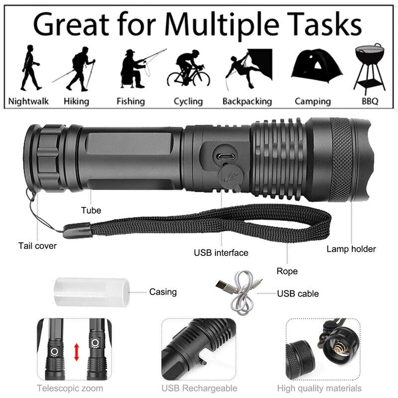 Super Bright 100,000 LM Rechargeable LED Tactical Flashlight - Ultra-High Lumens, Waterproof, Compact & Durable for Outdoor Adventures
