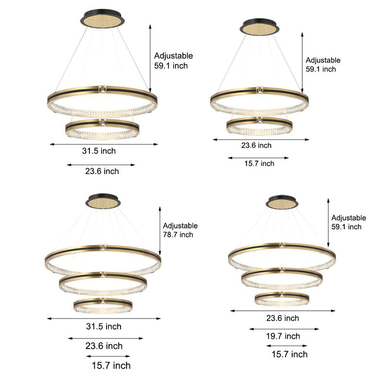 Modern Brushed Gold Chandelier - Simple Circles Rings with 3-Step Dimming Feature