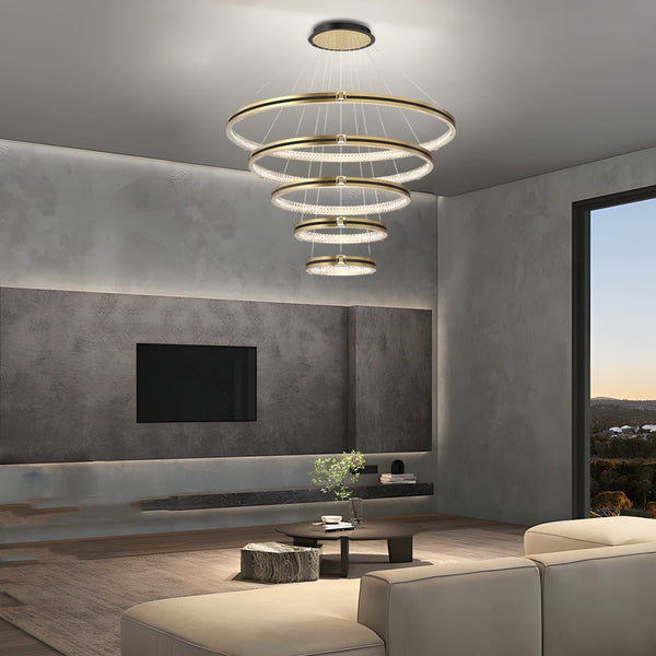 Modern Brushed Gold Chandelier - Simple Circles Rings with 3-Step Dimming Feature