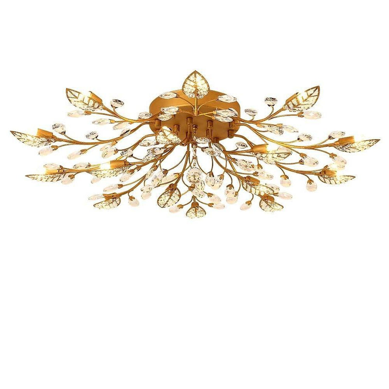Modern Elegant Crystal Leaves Flush Mount Ceiling Chandelier - Stylish Brushed Finish Lighting Fixture for Living Room, Dining Room, and Entryway Decor