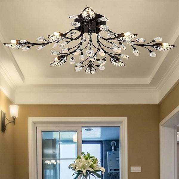 Antique Brass Vintage Crystal Branches Leaf Semi-Flush Mount Chandelier | 8-Light LED | 31.19'' Wide | Elegant Lighting Fixture