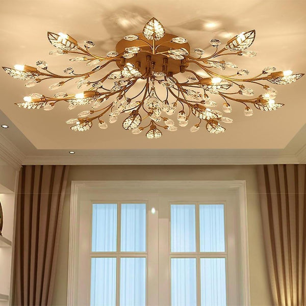 Modern Elegant Crystal Leaves Flush Mount Ceiling Chandelier - Stylish Brushed Finish Lighting Fixture for Living Room, Dining Room, and Entryway Decor