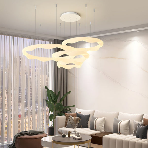Modern Wavy Circle LED Chandelier - Three-Step Dimming, White & Cream Finish, Elegant Lighting for Home Decor