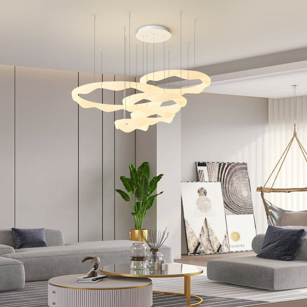 Modern Wavy Circle LED Chandelier - Three-Step Dimming, White & Cream Finish, Elegant Lighting for Home Decor