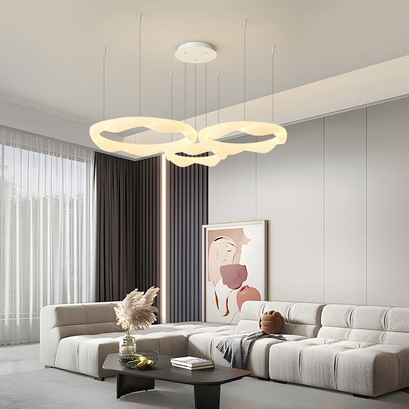 Modern Wavy Circle LED Chandelier - Three-Step Dimming, White & Cream Finish, Elegant Lighting for Home Decor