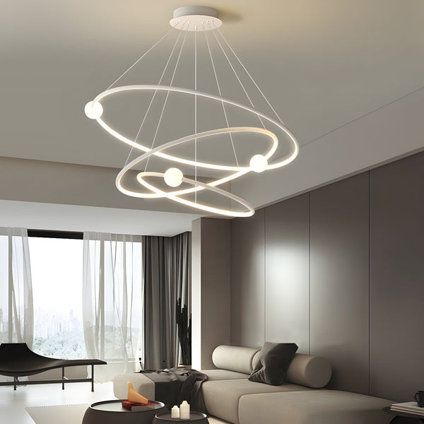Dimmable LED Circular Pendant Lamp - Modern White & Black Chandelier with Ring Design