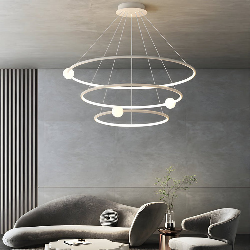 Dimmable LED Circular Pendant Lamp - Modern White & Black Chandelier with Ring Design