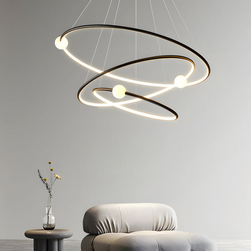 Dimmable LED Circular Pendant Lamp - Modern White & Black Chandelier with Ring Design