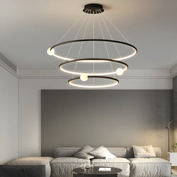 Dimmable LED Circular Pendant Lamp - Modern White & Black Chandelier with Ring Design