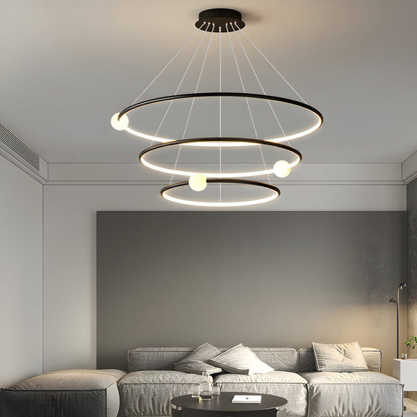 Dimmable LED Circular Pendant Lamp - Modern White & Black Chandelier with Ring Design