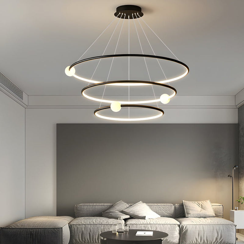 Dimmable LED Circular Pendant Lamp - Modern White & Black Chandelier with Ring Design