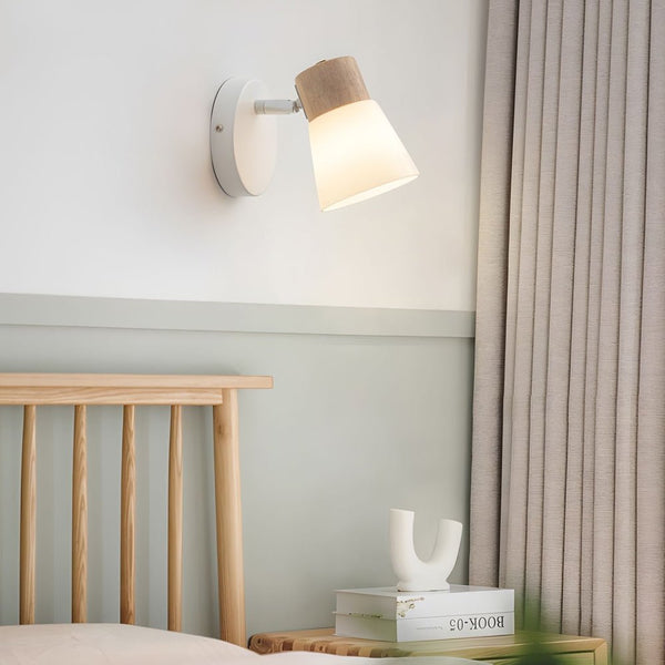 Rotatable White Wood and Glass Cone Wall Sconce Light Fixture - Modern Home Decor