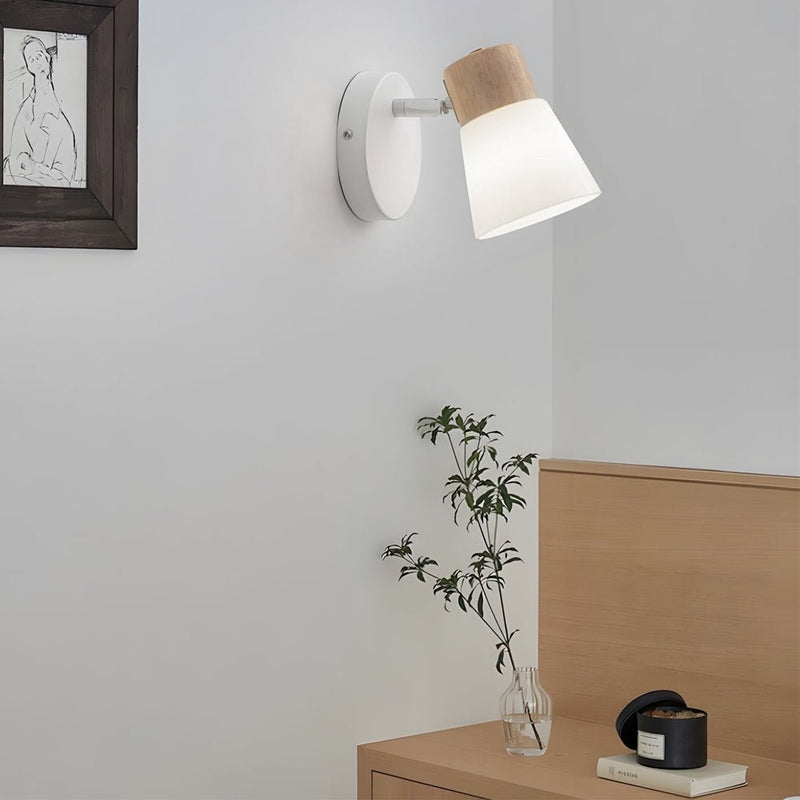 Rotatable White Wood and Glass Cone Wall Sconce Light Fixture - Modern Home Decor