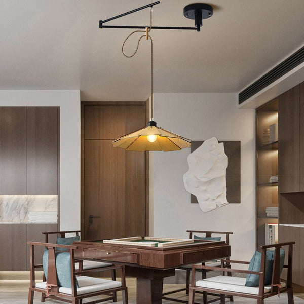 Modern Wood Umbrella Chandelier - Adjustable Swing Arm, 3-Step Dimming, Stylish Lighting Fixture for Home Décor