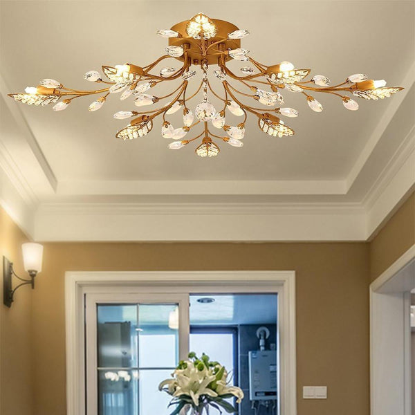 Antique Brass Vintage Crystal Branches Leaf Semi-Flush Mount Chandelier | 8-Light LED | 31.19" Wide | Elegant Lighting Fixture for Living Room & Dining Room