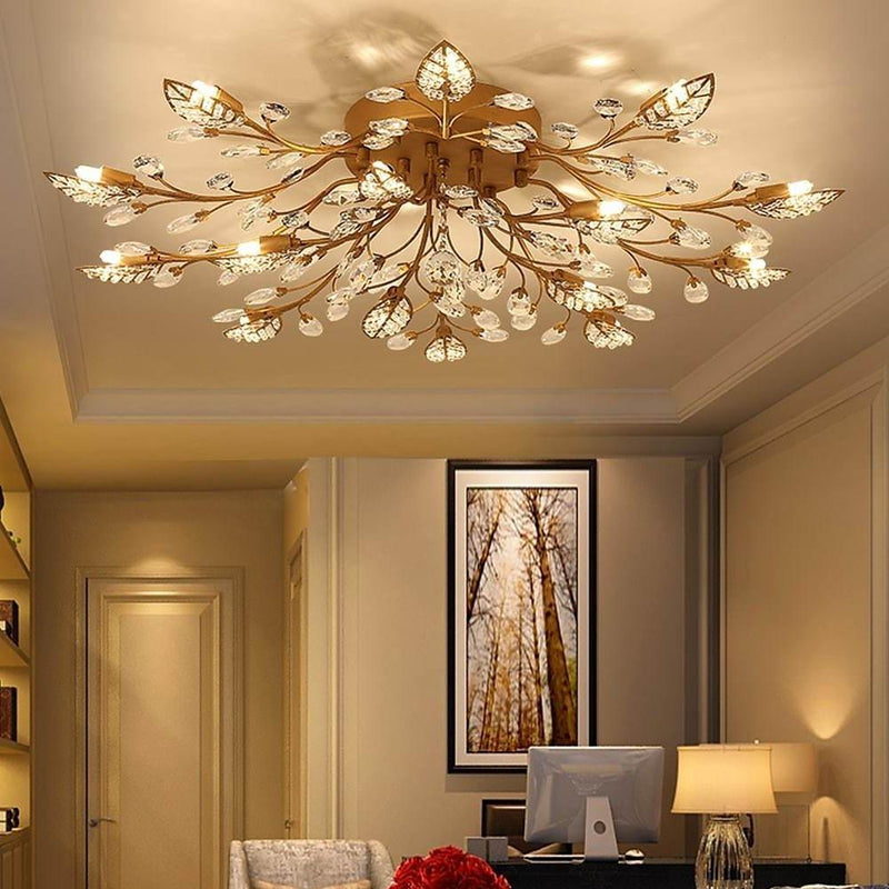 Modern Elegant Crystal Leaves Flush Mount Ceiling Chandelier - Stylish Brushed Finish Lighting Fixture for Living Room, Dining Room, and Entryway Decor